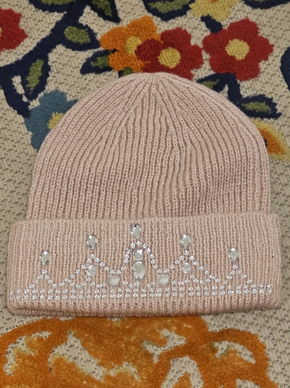 Embellished Pink Knit Beanie Hat - Women's Accessory